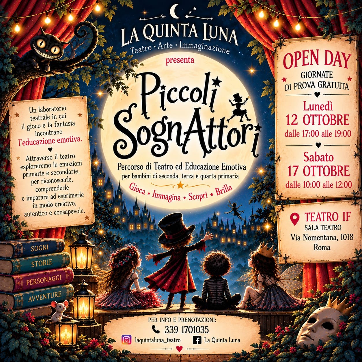 Locandina degli open day di Piccoli SognAttori: lunedì 12 ottobre 17–19 e sabato 17 ottobre 10–12 al Teatro IF, Via Nomentana 1018, Roma